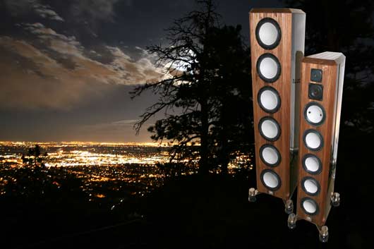 The Marten Design Coltrane Supreme loudspeaker with the Boulder/Denver city lights in the background