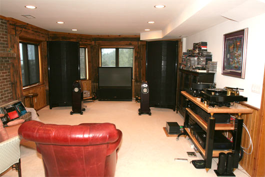 Wide angle view of Listening room #2 - Sound Lab U1 behind Kharma Mini Exquisite speakers