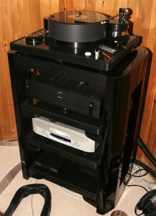 The HRS MXR equipment rack with Brinkmann's Balance turntable on its special HRS Isolation Base on the support rails we just installed.