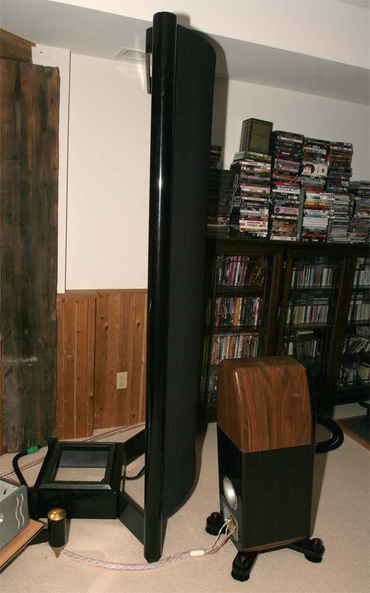 The Soundlab Ultimate loudspeakers, with Kharma's Mini Exquisites in front and a EDGE Signature One monoblock amp behind
